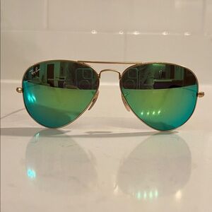 Ray-Ban matte Gold Frame Sunglasses with Blue-Green Lenses